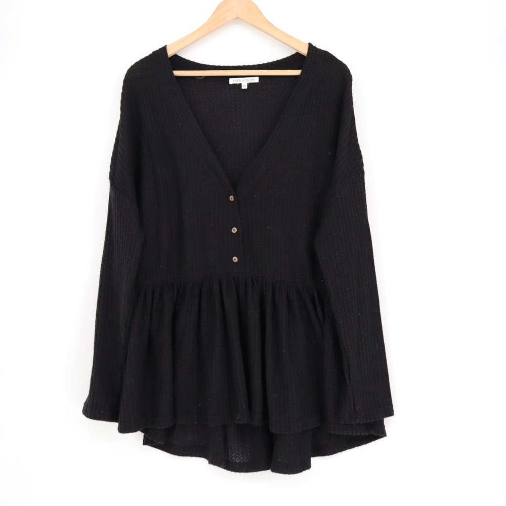 Park Adelyn Peplum Babydoll Blouse Top Women Large Black Henley Neck Waffle Knit